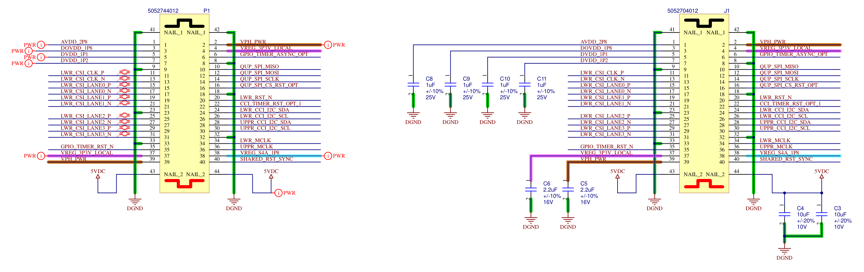 M0170 schematic: P1 VOXL 2 side plug, J1 sensor side receptacle with bypass capacitors