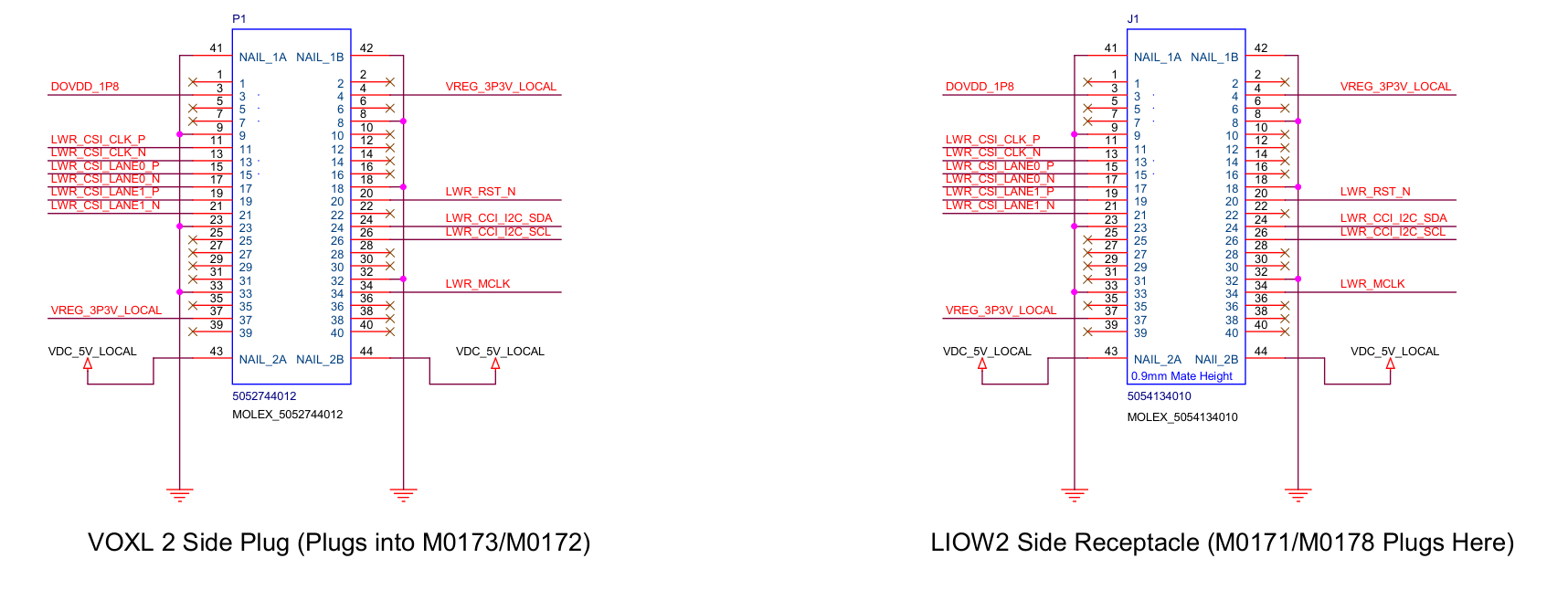 M0177 schematic: P1 VOXL 2 side plug and J1 sensor side receptacle